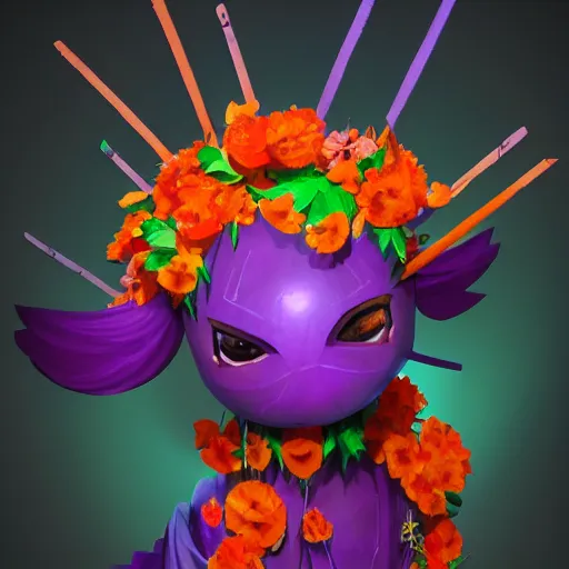 Image similar to a beautiful stunning fantasy matte digital painting of a traditional pinata made of orange and purple flowers and green leaves, concept art, professional lighting, trending on artstation hq, contest winner