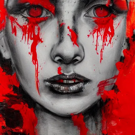 Prompt: portrait of woman with two faces covered in red dripping paint, artwork by guy denning and charlie bowater,