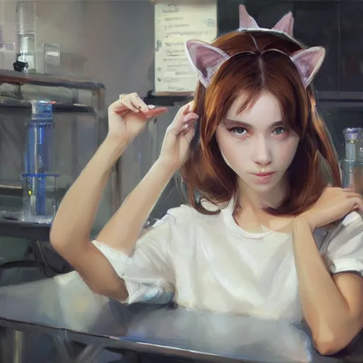 Prompt: girl with cat ears in a biology lab, by WLOP, by Artgerm, by Michael Garmash, by Rob Rey, digital art, trending on artstation, beautiful lightning, atmospheric