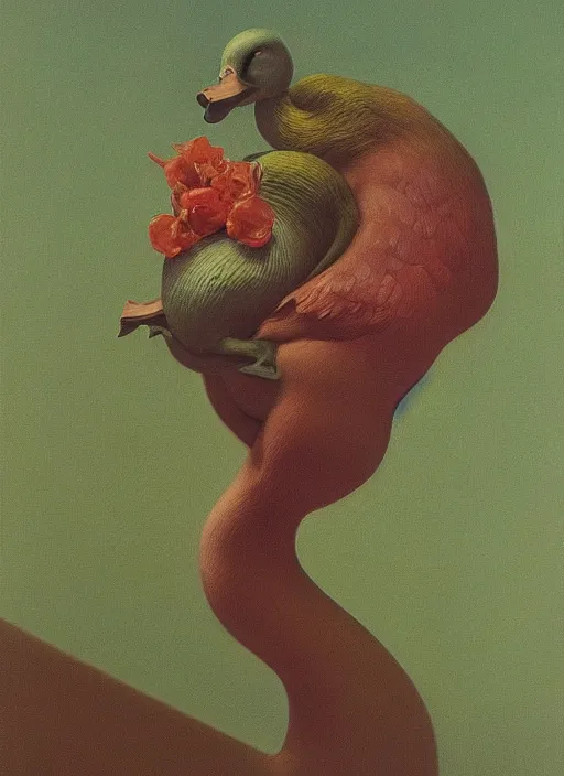 Image similar to The Duck She Eats of the Strangling Fruit and Her polyp blossoms bring iridescent fungal flowers whose spores black the foolish stars Edward Hopper and James Gilleard, Zdzislaw Beksinski, Mark Ryden, Wolfgang Lettl highly detailed