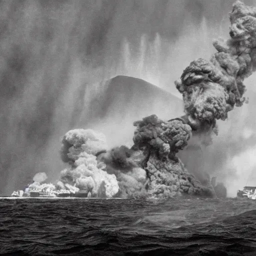 Image similar to a photo of a burning tugboat being attacked by demons while a volcano erupts