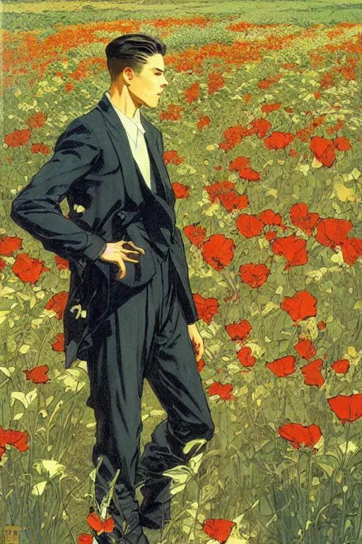 Prompt: attractive man in flower field, painting by j. c. leyendecker, yoji shinkawa, katayama bokuyo