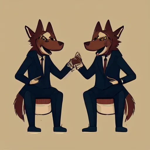 Prompt: two anthropomorphic german shepherds beast - men, they are wearing suits sitting on a couch and talking together, artstation, concept art, smooth, sharp foccus ilustration, artstation