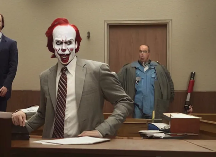 Image similar to saul goodman defending pennywise in court, still from better call saul, shot by wes anderson, symmetrical shot, beautiful shot