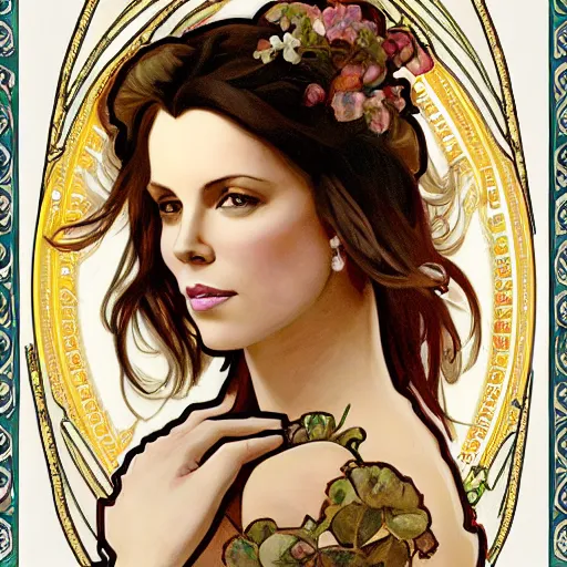 Image similar to Kate Beckinsale in style of Alfons Mucha, stylized