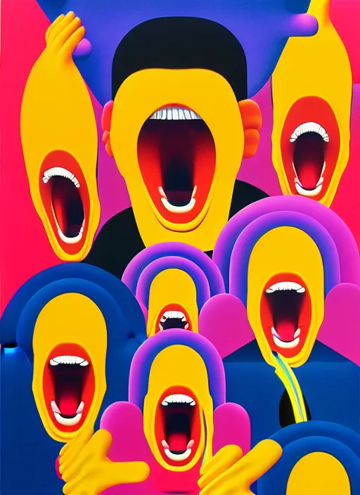 Image similar to men screaming by shusei nagaoka, kaws, david rudnick, airbrush on canvas, pastell colours, cell shaded!!!, 8 k