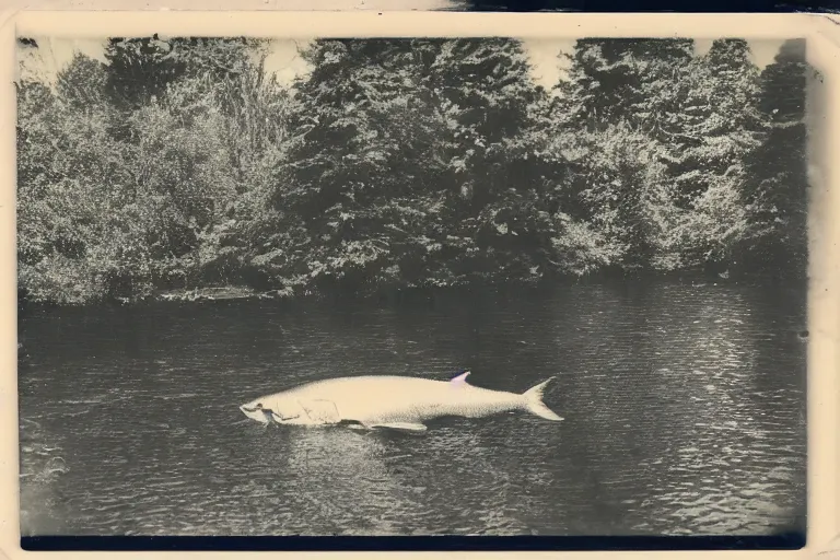 Image similar to old polaroid of a giant fish in the lake