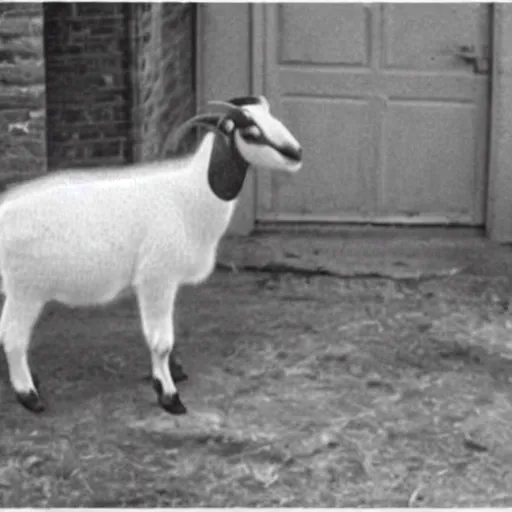 Image similar to a goat wearing Victorian clothing, cctv camera footage, found footage, thermal imaging\'