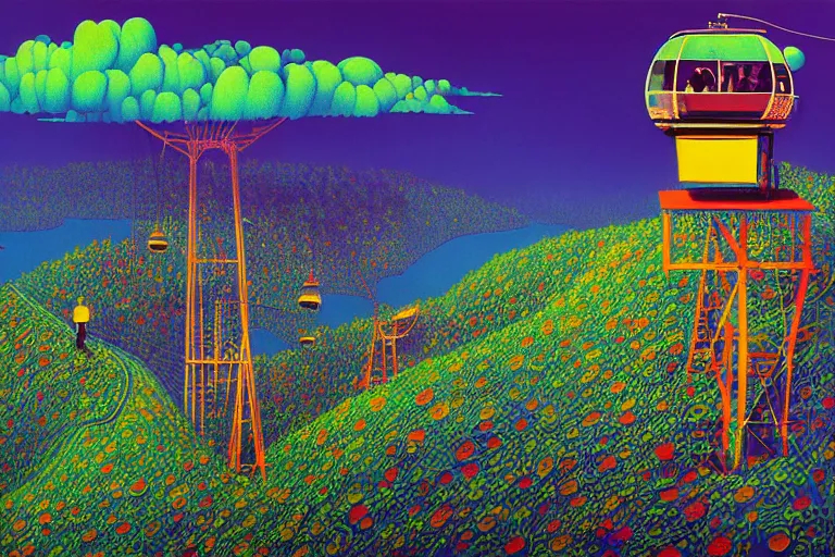 Image similar to surreal glimpse into other universe, langkawi cable car, summer morning, very coherent and colorful high contrast, art by!!!! gediminas pranckevicius!!!!, geof darrow, floralpunk screen printing woodblock, dark shadows, hard lighting, stipple brush technique,