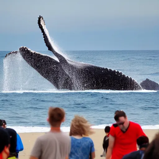 Image similar to whale exploding on a beach with people standing nearby hyperrealistic 4 k