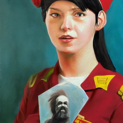 Image similar to oil paining of twentytwo year old female character with cat ears wearing soviet era uniform, wearing a tshirt with a face of karl marx on it, in the style of krenz cushart