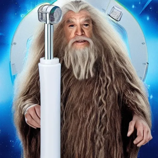 Image similar to gandalf as chewbacca, shampoo hair dryer, hair dryer advertisement