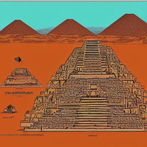 Image similar to gigantic colossal tortoise in the desert on its back pyramid ziggurat highly detailed concept art schematic, Laurie Greasley