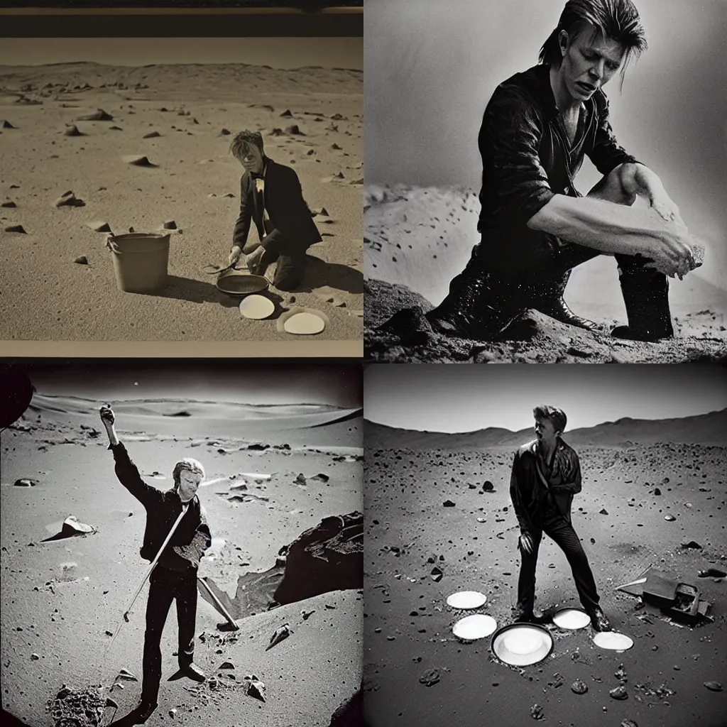 Prompt: wetplate photography, david bowie sifting for gold on mars