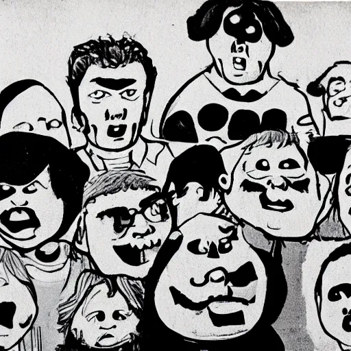 Prompt: a dozen furious faces hovering over a cowering child