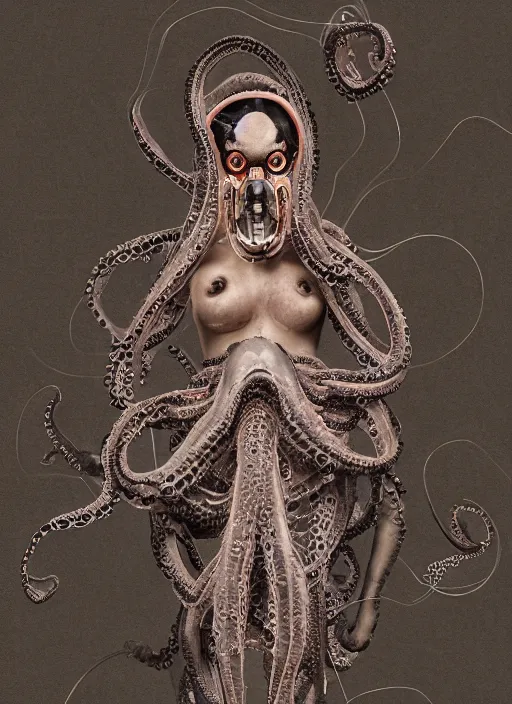 Image similar to portrait of a futuristic geisha octopus cyborg, made from million point clouds, in the style of ghost in the shell, kintsugi, modern fine art, fractal, intricate, elegant, highly detailed, digital photography, subsurface scattering, by jheronimus bosch and greg rutkowski,