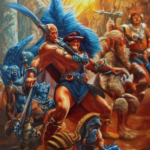 Image similar to masters of the universe, highly detailed oil painting