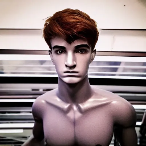 Image similar to “a realistic detailed photo of a guy who is an attractive humanoid who is half robot and half humanoid, who is a male android, twitch streamer Ninja Tyler Blevins, shiny skin, posing like a statue, blank stare, streaming”