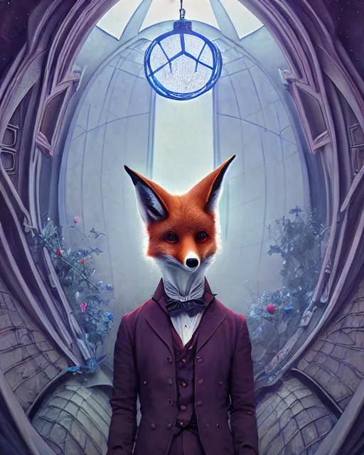 Image similar to anthropomorphic art of a detective fox inside tardis, victorian inspired clothing by artgerm, victo ngai, ryohei hase, artstation. fractal papersand books. highly detailed digital painting, smooth, global illumination, fantasy art by greg rutkowsky, karl spitzweg, doctor who