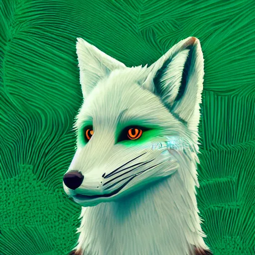 Prompt: digital leaf green and white fox, retrowave palette, digital world, highly detailed, electric breeze, anatomically correct vulpine, synth feel, fluffy face, ear floof, flowing fur, super realism, accurate animal imagery, 4 k digital art