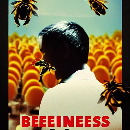 Prompt: movie poster about a person smelling bees