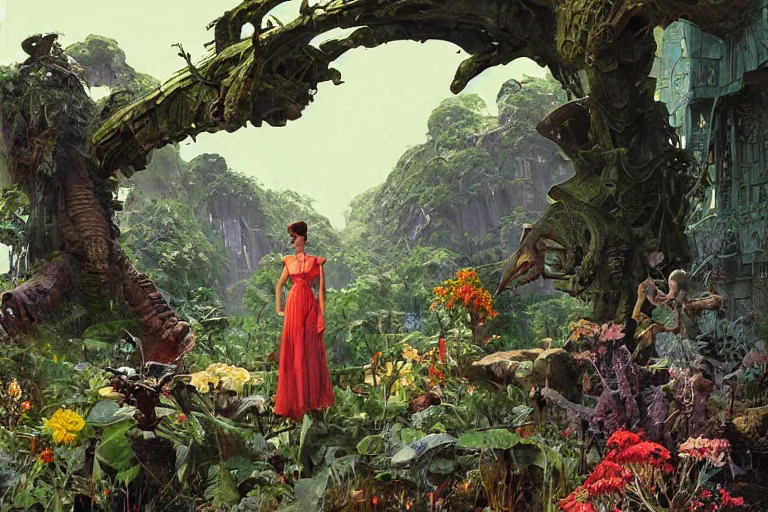 Image similar to pulp scifi illustration, elegant woman meets lizard alien in beautiful garden, flowers, baobab trees, distant town in valley and hills, spacehip lands, by norman rockwell, jack kirby, john berkey, bergey, craig mullins, ruan jia, raymond swanland, jeremy mann, beksinski, tom lovell, alex malveda, schomburg