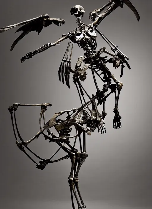 Image similar to the epic view of a human skeleton flying in a vulture skeleton sculpture in stainless steel by bernini, volummetric light