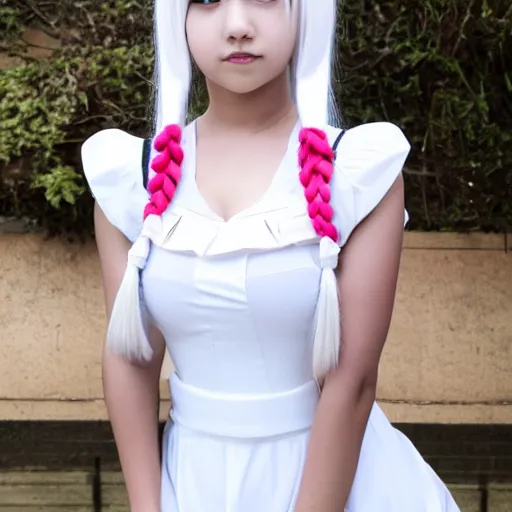 Image similar to a high definition photo of a young cosplayer with twin tails, wearing white dress, symmetric and beautiful face
