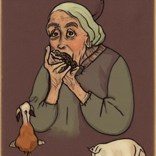 Image similar to an illustration of an old woman literally swallowing a whole goat