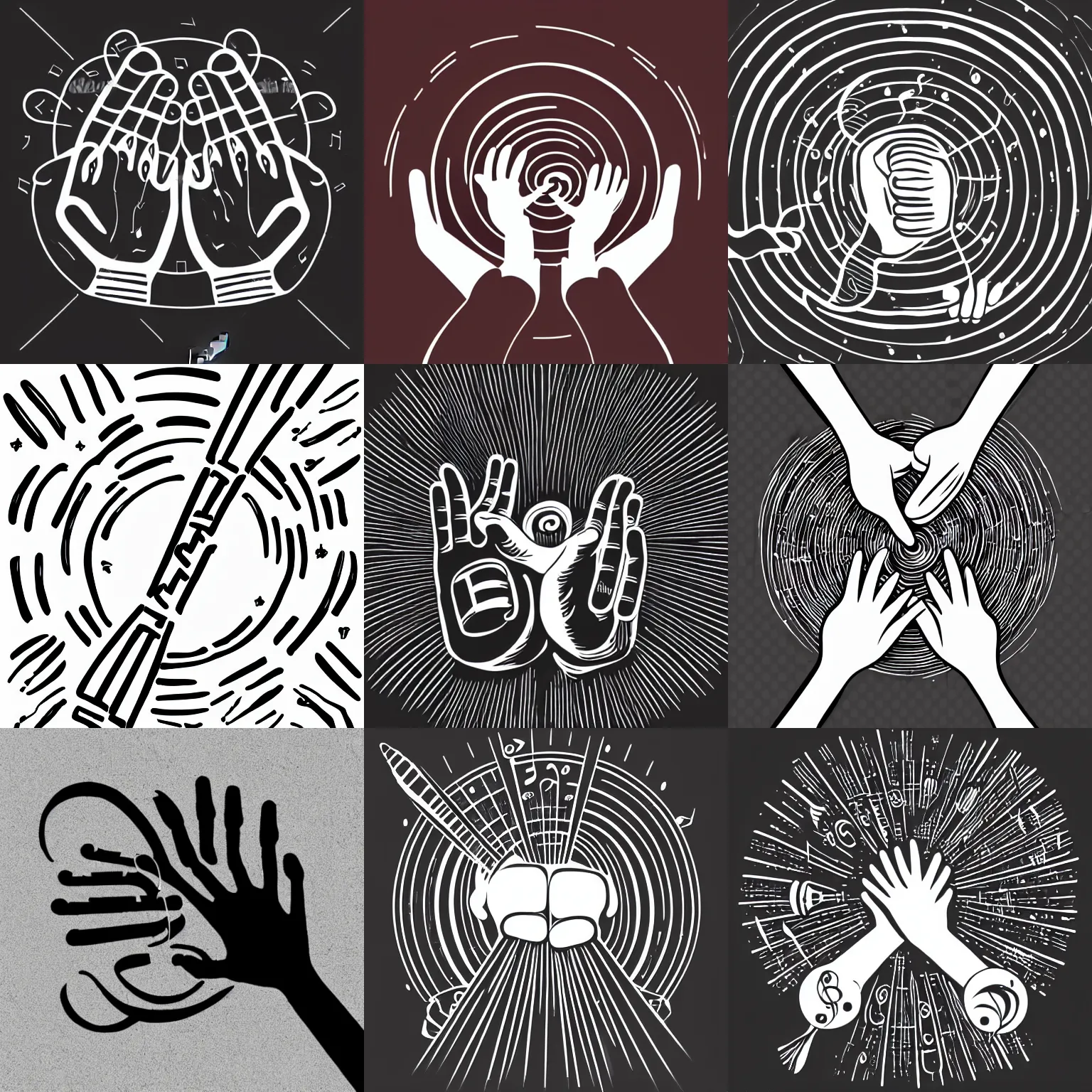 Prompt: a creative logo of hands around earth with musical instrument and paint brush, simple lineart, black and white, vector