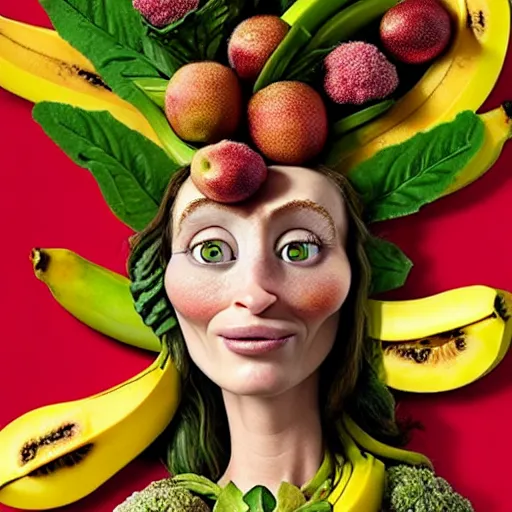 Image similar to fruit dryad by arcimboldo, fruit megan fox editorial by malczewski and arcimboldo, vegetables dryad sculpture by arcimboldo, stil frame from'cloudy with a chance of meatballs 2'( 2 0 1 3 ) of banana dryad, fruit hybrid megan fox editorial by alexander mcqueen and arcimboldo