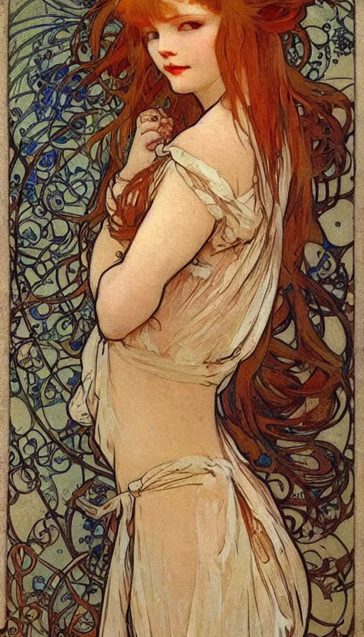 Image similar to beautiful ample redhead woman with a bow around her waist, ornate, mucha