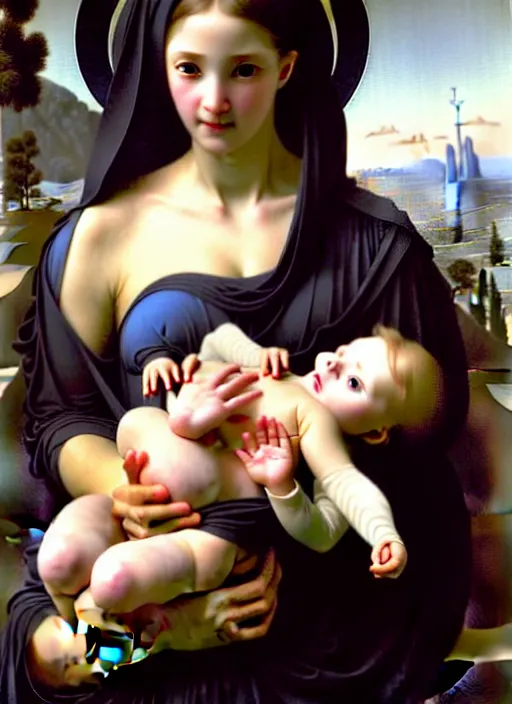Prompt: realistic detailed 8k photo of futuristic holy cyborg-robotic-mother holding a newborn baby child in hands by Raphael Santi, William-Adolphe Bouguereau, orthodox icon Neo- by Ayami Kojima, Amano, Karol Bak, Greg Hildebrandt, and Mark Brooks, Neo-Gothic, gothic, rich deep colors. masterpiece, intricate artwork by Tooth Wu and wlop and beeple, greg rutkowski. still from a 2021 movie by Terrence Malick, Tarkovsky, Gaspar Noe, James Cameron,