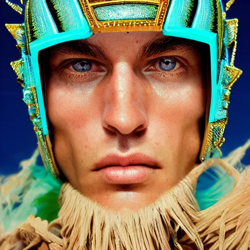 Prompt: An editorial upclose macro photo portrait in of a versace model with a Turquoise ornate reflective helmet mask and scarf standing in sand dunes the style Dean, Roger highly detailed David Lachapelle