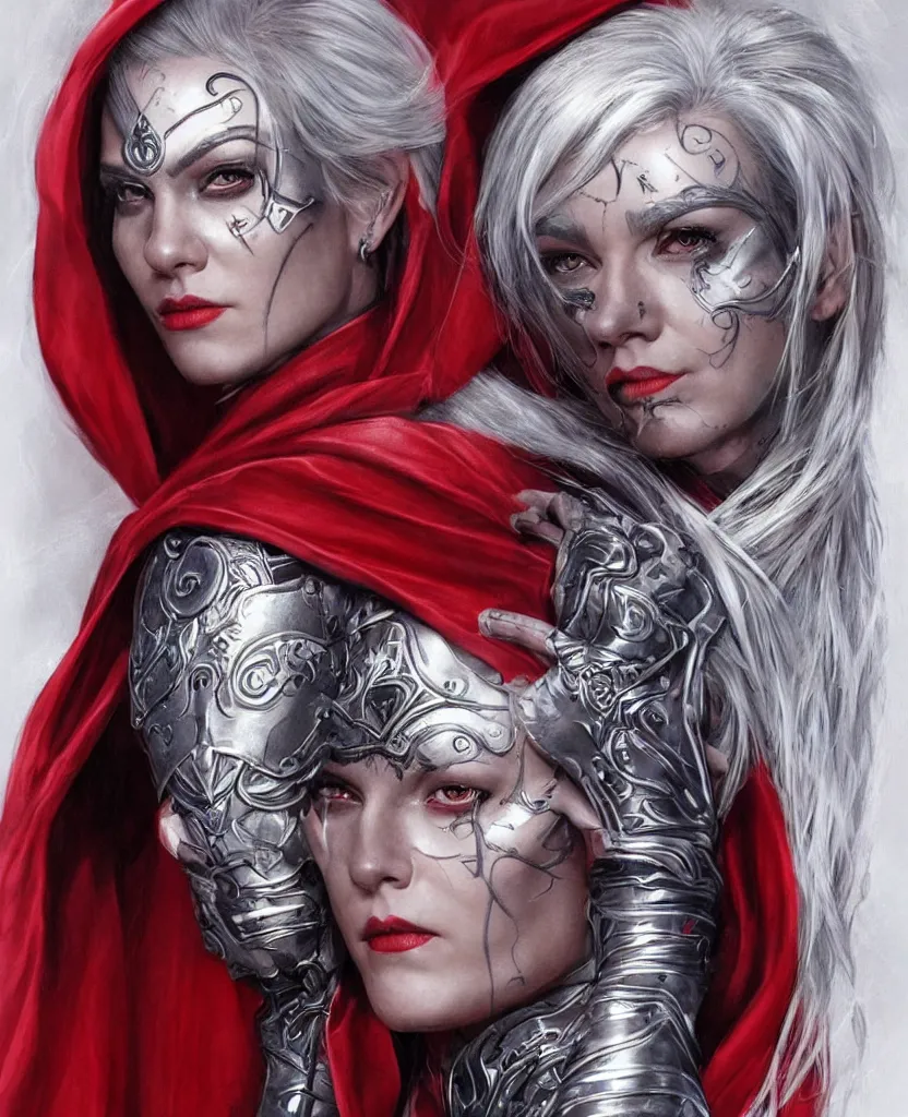 Prompt: portrait of a woman with silver hair, mysterious symbols tattooed on her face, dressed in a flowing red cape and a futuristic armour, character design, highly detailed, by gabriele dell'otto