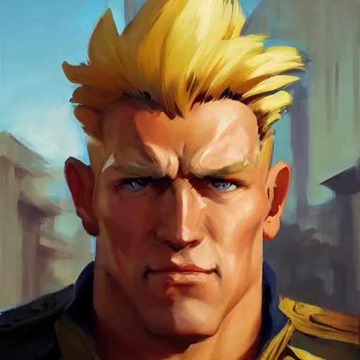 Prompt: greg manchess portrait painting of guile from street fighter as overwatch character, medium shot, asymmetrical, profile picture, organic painting, sunny day, matte painting, bold shapes, hard edges, street art, trending on artstation, by huang guangjian and gil elvgren and jon foster