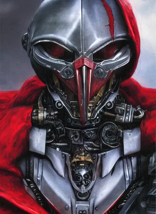 Prompt: portrait of rotten Tom Cruise as adeptus mechanicus in red hood and robe from Warhammer 40000. Highly detailed, artstation, illustration by and John Blanche and zdislav beksinski and wayne barlowe