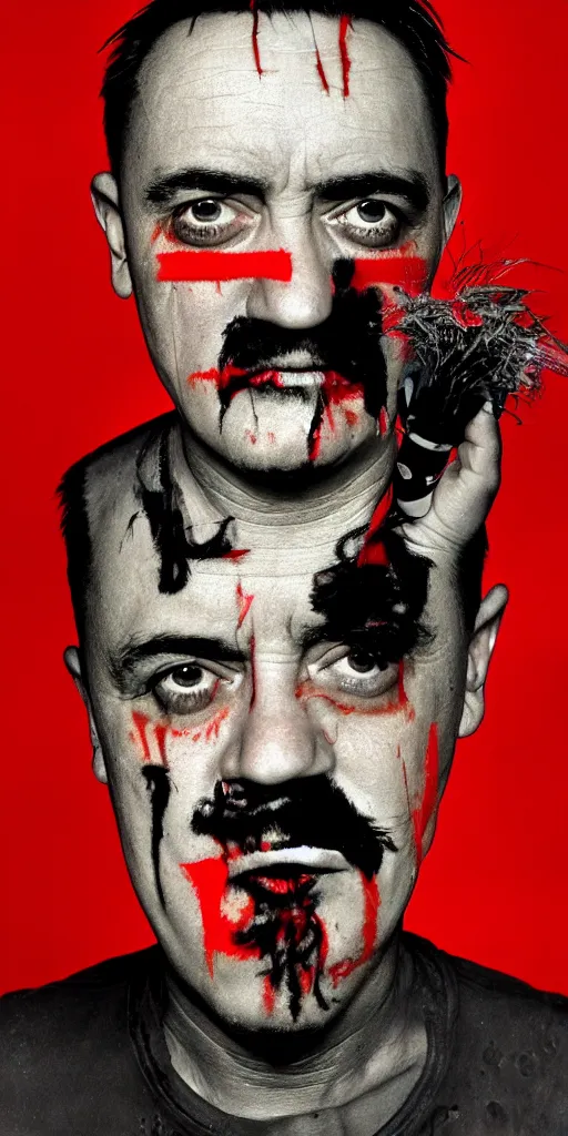 Prompt: award winning photo of mike patton mixed with hitler, vivid colors, happy, symmetrical face, beautiful eyes, studio lighting, wide shot art by roger ballen & francis bacon