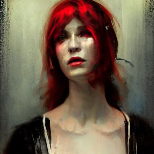 Prompt: Solomon Joseph Solomon and Richard Schmid and Jeremy Lipking victorian genre painting portrait painting of a young beautiful woman retro noir cyberpunk future hacker punk rock in fantasy costume, red background