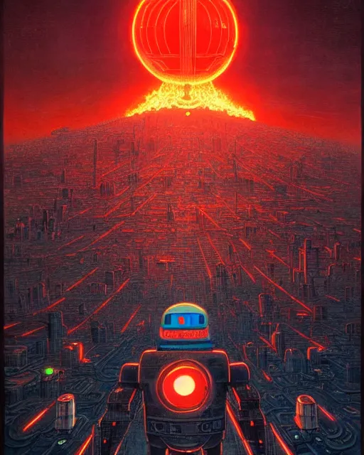 Image similar to giant robot with ominously glowing red eyes stands on top of city that is on fire, concept art, intricate details, highly detailed, vintage sci - fi poster, retro future, in the style of chris foss, rodger dean, moebius, michael whelan, and gustave dore