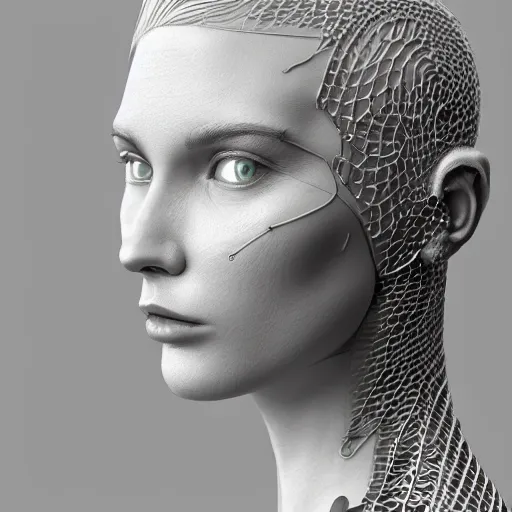 Prompt: complex 3d render, hyper detailed, ultrasharp, fascinating biomechanical young female cyborg with a porcelain profile face, silver hair, analog, 150 mm lens, beautiful natural soft rim light, fine foliage lace, Alexander Mcqueen high fashion haute couture, pearl earring, art nouveau fashion embroidered, steampunk, silver filigree details, liquid simulation, hexagonal mesh wire, mandelbrot fractal, anatomical, facial muscles, cable wires, microchip, elegant, hyper realistic, ultra detailed, octane render, H.R. Giger style, volumetric lighting, 8k post-production