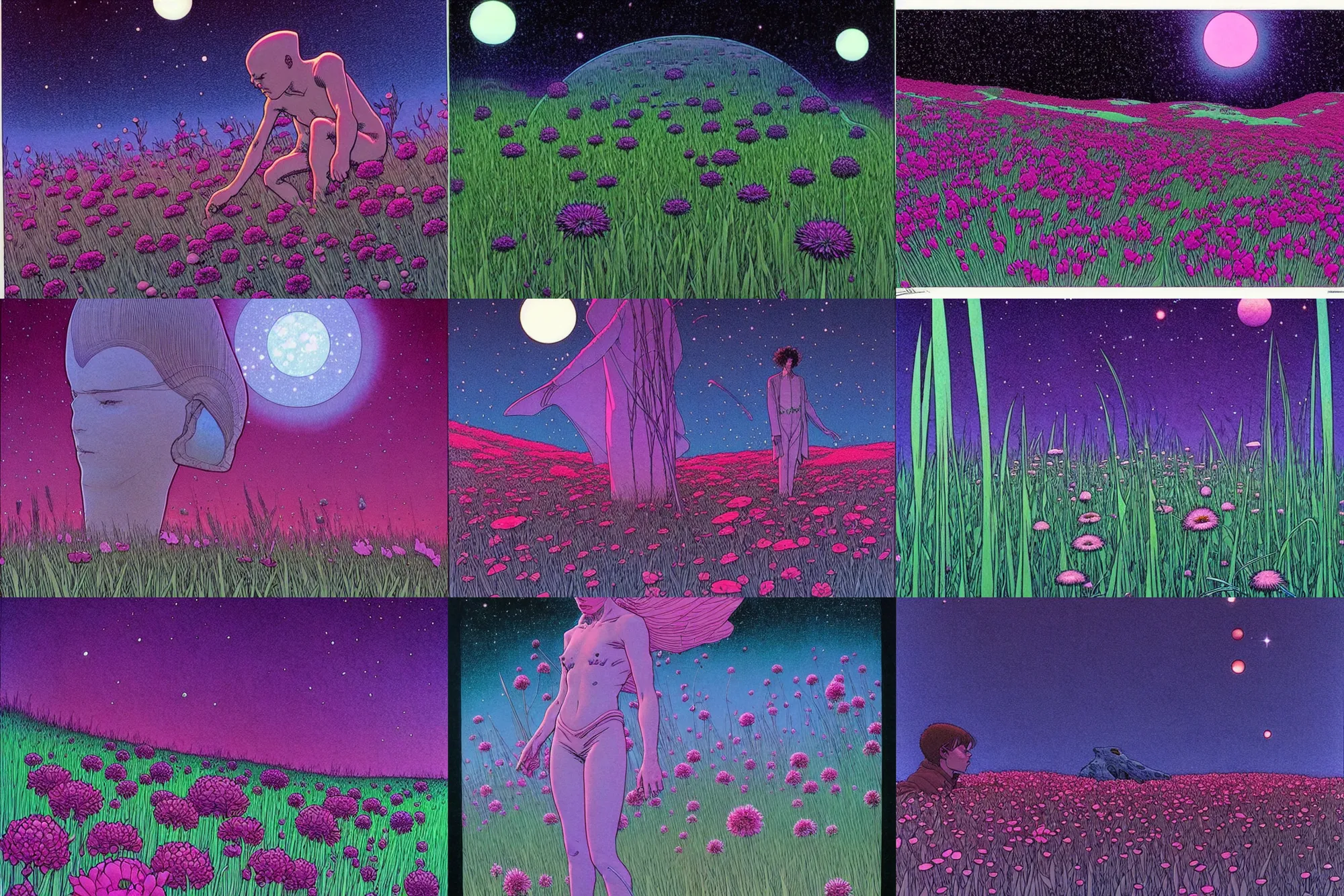 Prompt: ( ( ( ( ( beautiful grass and flowers float in the dark space ) ) ) ) ) by mœbius!!!!!!!!!!!!!!!!!!!!!!!!!!!, dark mood, overdetailed art
