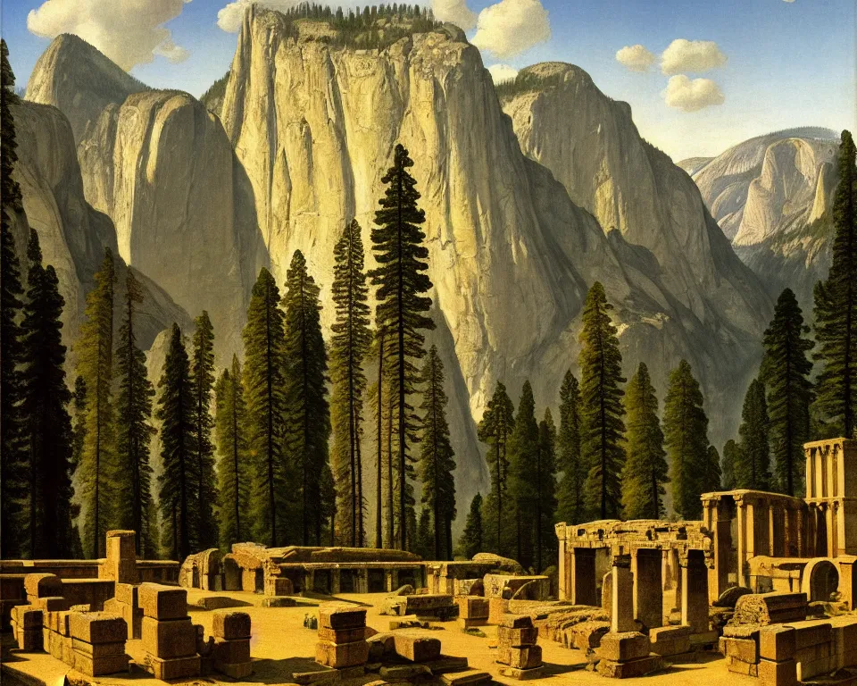 Prompt: an achingly beautiful print of roman ruins in the middle of Yosemite valley by Raphael, Hopper, and Rene Magritte. detailed, romantic, enchanting, trending on artstation.