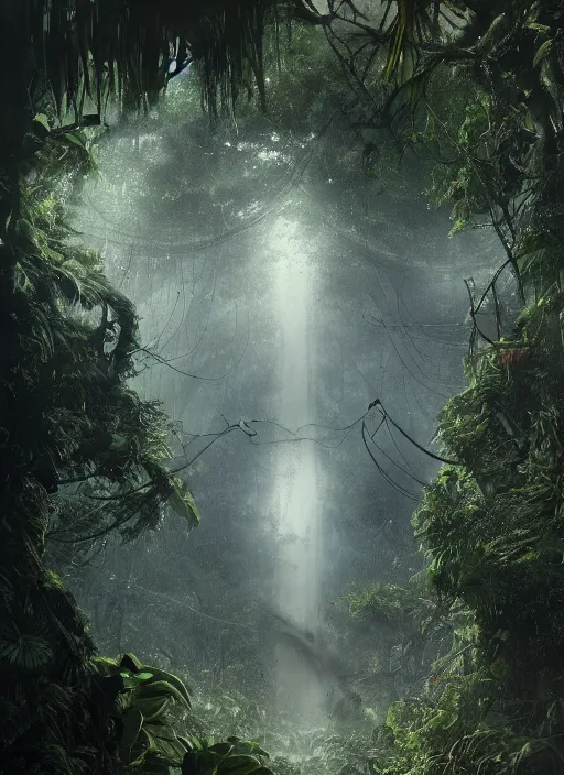 Image similar to aircraft carrier USS Nimitz laying on the ground of a tropical forest, overgrown with vegetation, hanging vines, post appocalyptic, by Luis Royo, by Greg Rutkowski, dark, gritty, intricate, cover illustration, concept art, volumetric lighting, volumetric atmosphere, sharp focus, octane render, trending on artstation, 8k