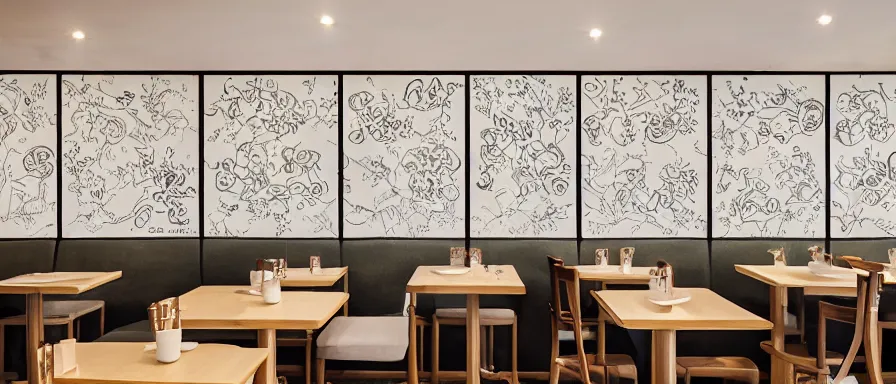 Image similar to a beautiful simple interior 4 k hd wallpaper illustration of small roasted string hotpot restaurant restaurant pagoda hill, wall corner, from china, hill wall and white tile floor, rectangle white porcelain table, black chair, fine simple delicate structure, chinese style, simple style structure decoration design, victo ngai, 4 k hd