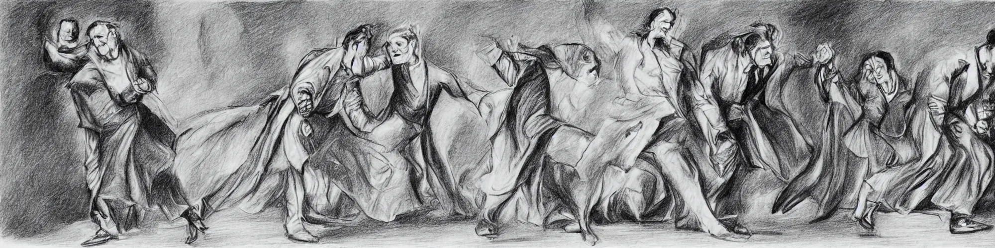 Image similar to frankenstein and his bride doing the silly walk in the ministry of silly walks, motion study, pencil drawing, very detailed, very silly