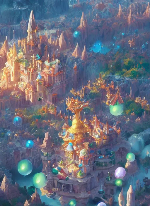 Image similar to foam priest and his bubble kingdom, beautiful landscape, highly detailed, flying buildings, palace, bubble trees, artstation, masterpiece, art by dylan kowalski and huifeng huang