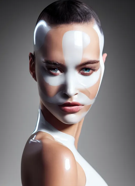 Prompt: full body of a fierce nubile young woman with reflections in her eyes and slicked hair, wearing futuristic white latex bodysuit and face mask, clear skin, elegant, graceful, fashionable, 5 0 mm, cinematic, hyperdetailed illustration by irakli nadar and alexandre ferra, depth of field, global illumination,