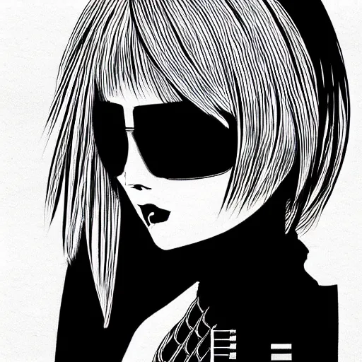 Image similar to an ink drawing of a tech punk girl by ilya kuvshinov, black and white