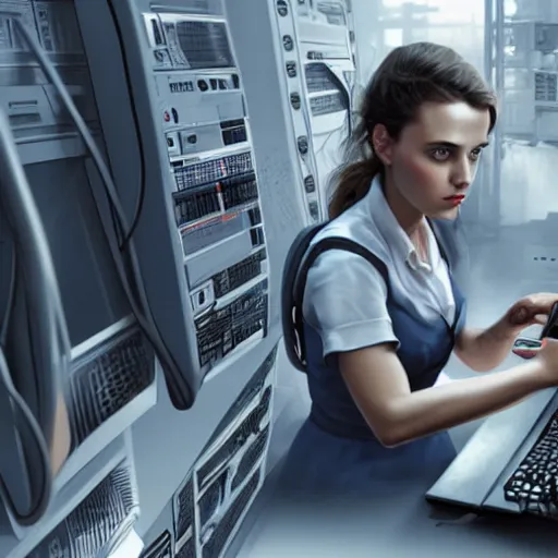 Image similar to illustration an it guy who is plugging a girl through cables to a computer and it cabinet. the girl looki like a mix of emma watson and scarlett johansson and nathalie portman, very details, cinematic render, matte painting by david rutkowski, by artgem